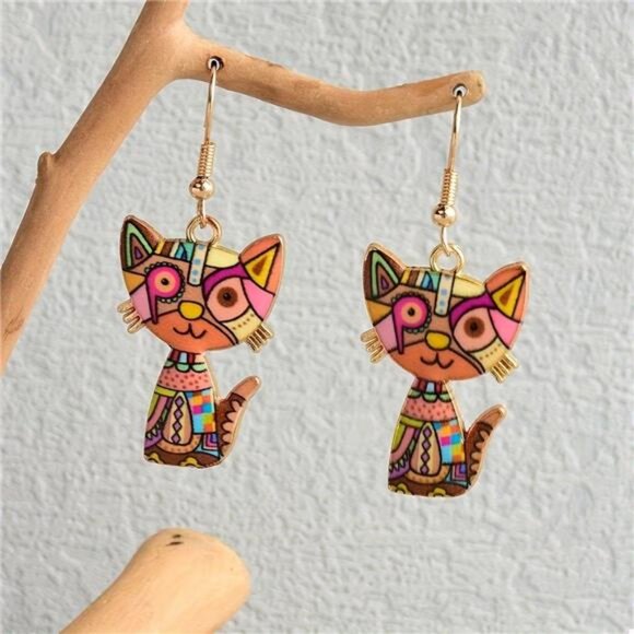 Colorful Cat Dangle Earrings - Picture 2 of 6